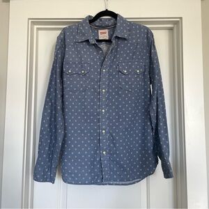 Levi's Men's Blue and Ivory Linen Cotton Long Sleeve Button-Up Shirt Size Large